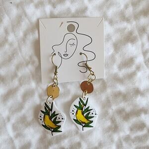 Moon and Foilage Golden Disc Handmade Dangle Earrings